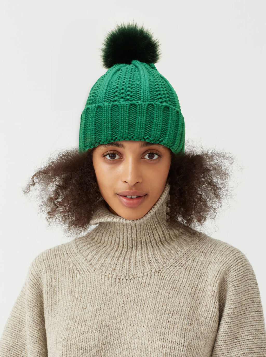 Satin-Lined Winter Beanie Hat with Faux Fur Pom Pom for Women