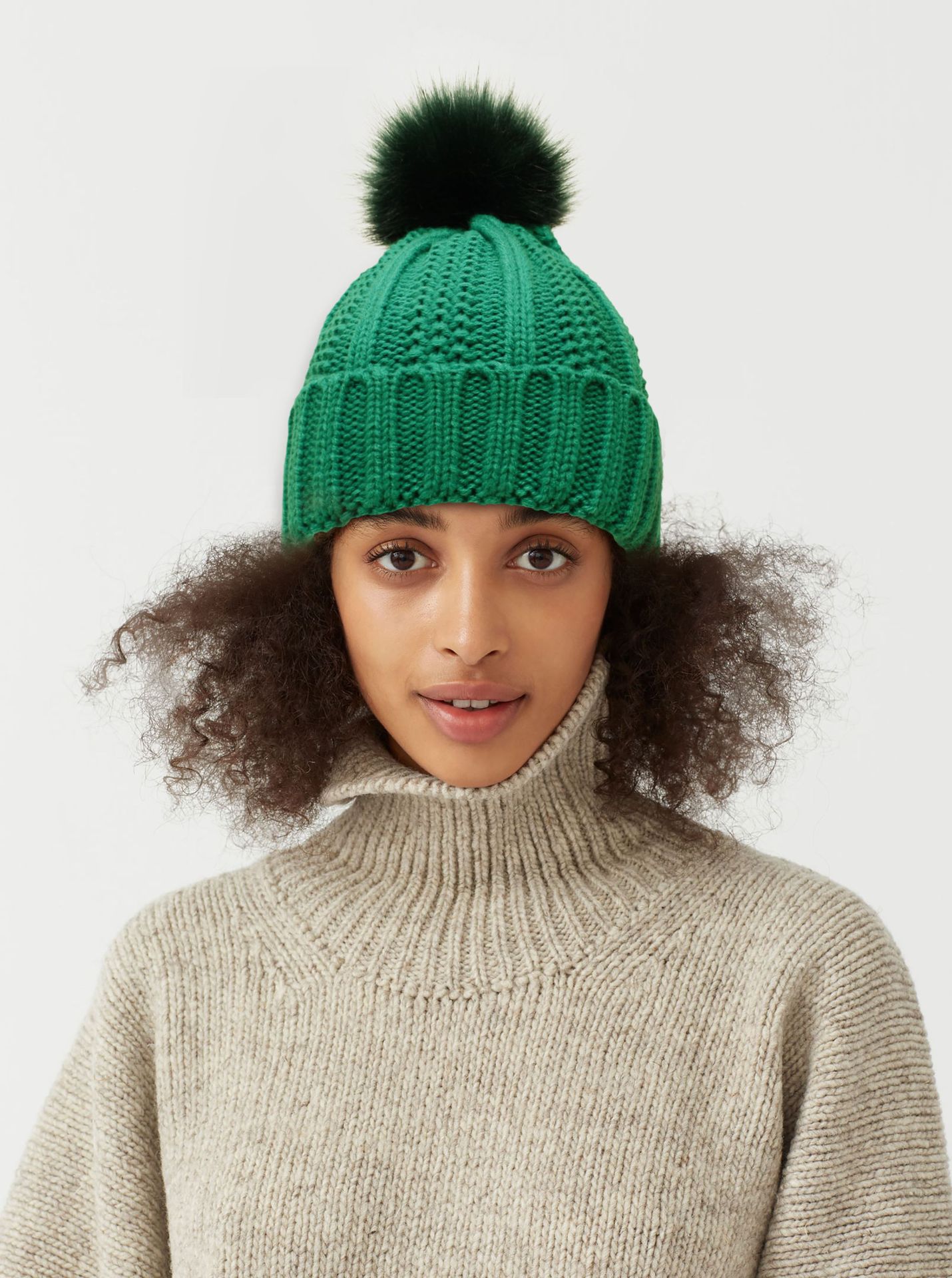 Satin-Lined Winter Beanie Hat with Faux Fur Pom Pom for Women