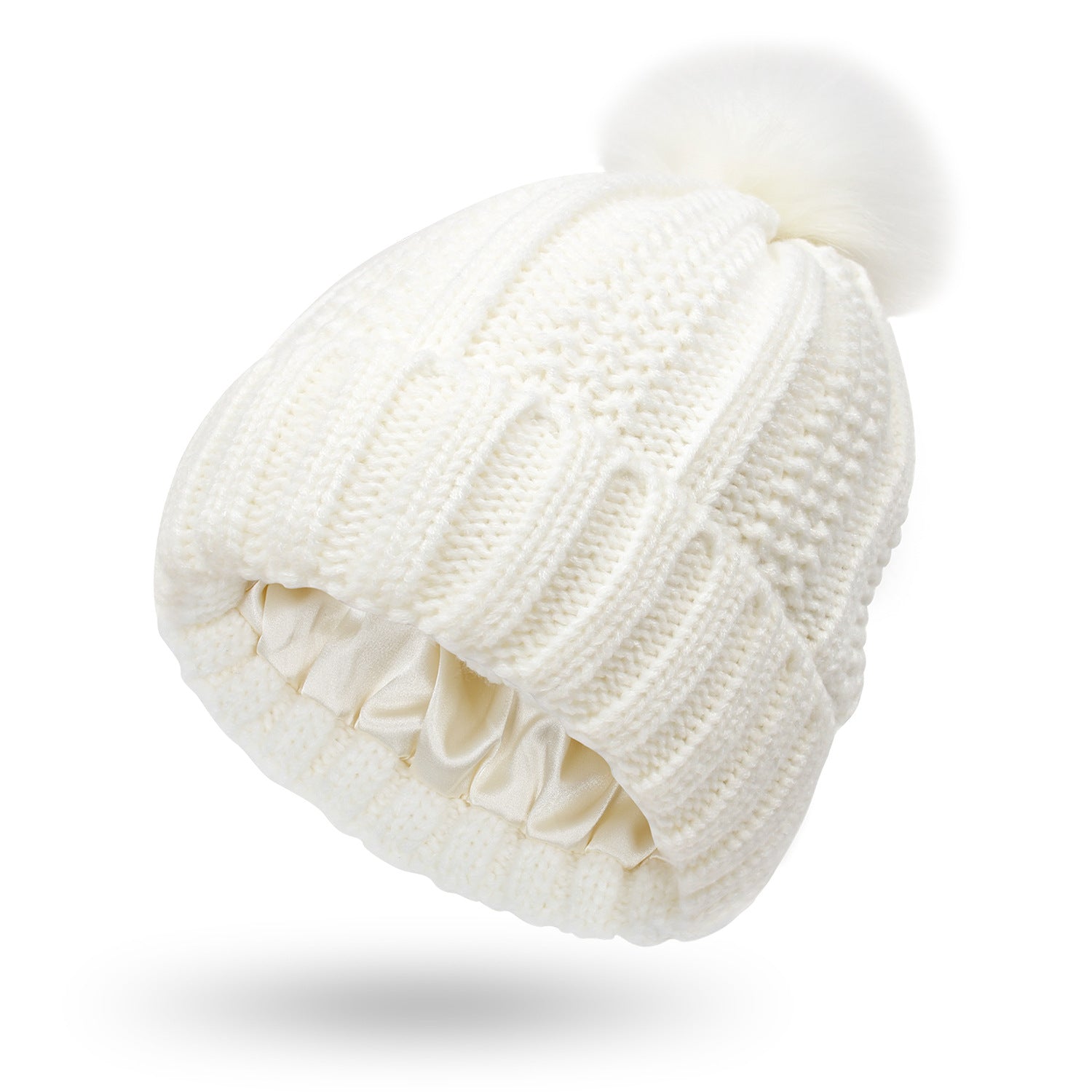 Satin-Lined Winter Beanie Hat with Faux Fur Pom Pom for Women
