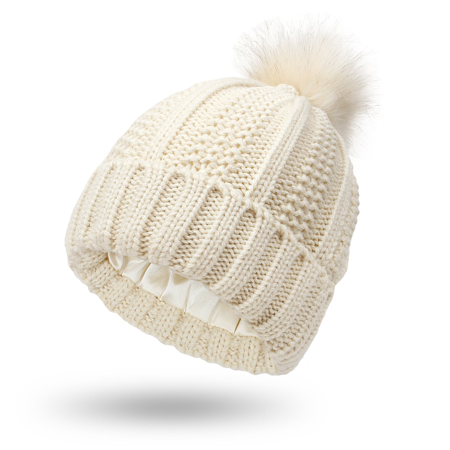 Satin-Lined Winter Beanie Hat with Faux Fur Pom Pom for Women