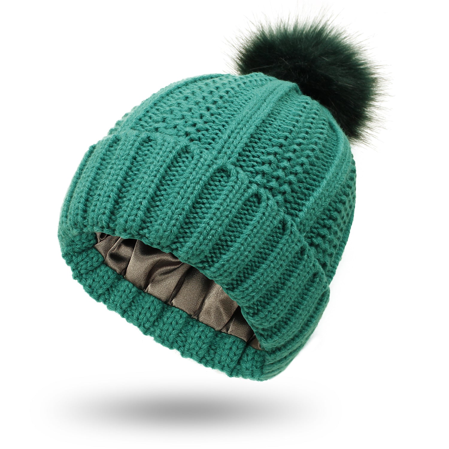Satin-Lined Winter Beanie Hat with Faux Fur Pom Pom for Women