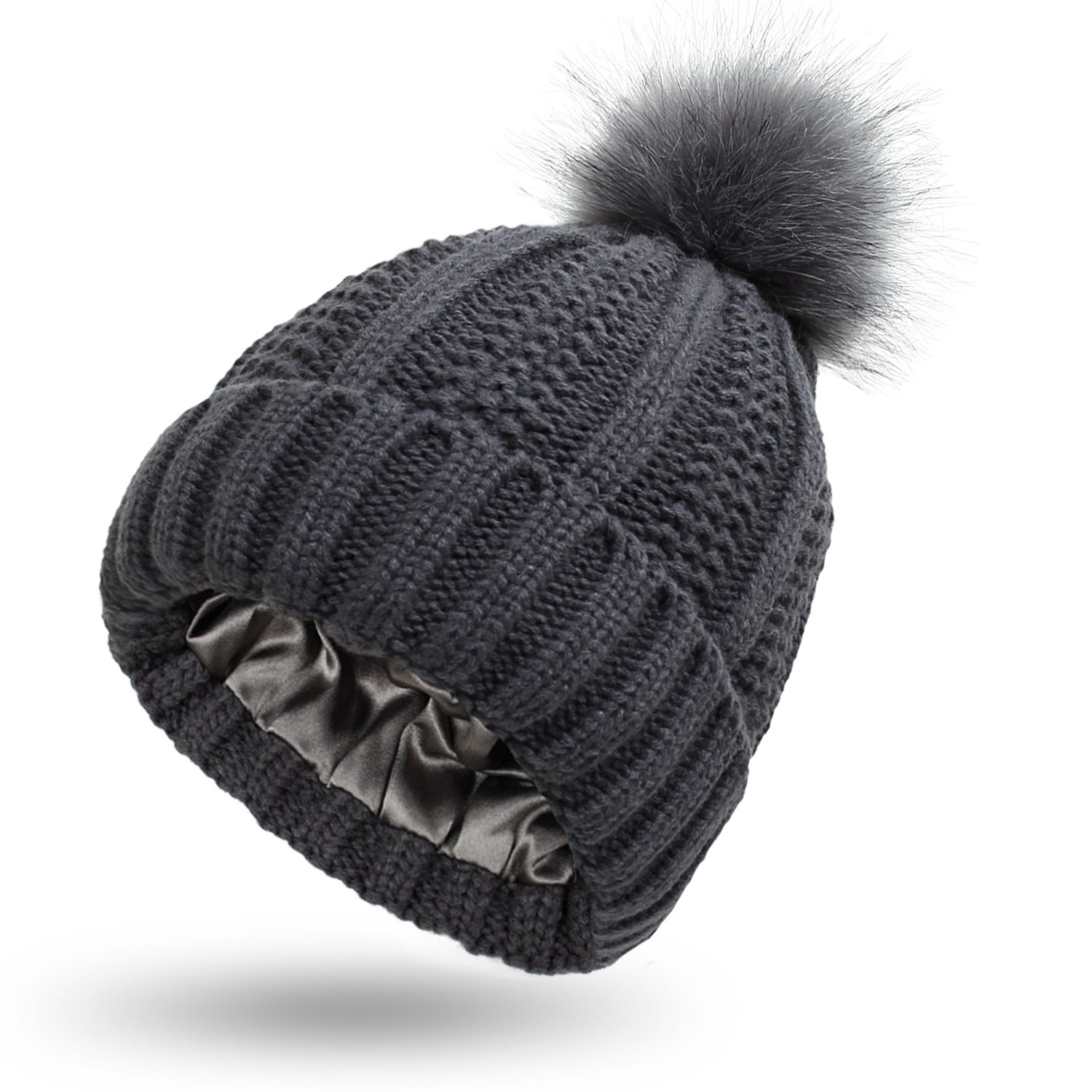 Satin-Lined Winter Beanie Hat with Faux Fur Pom Pom for Women
