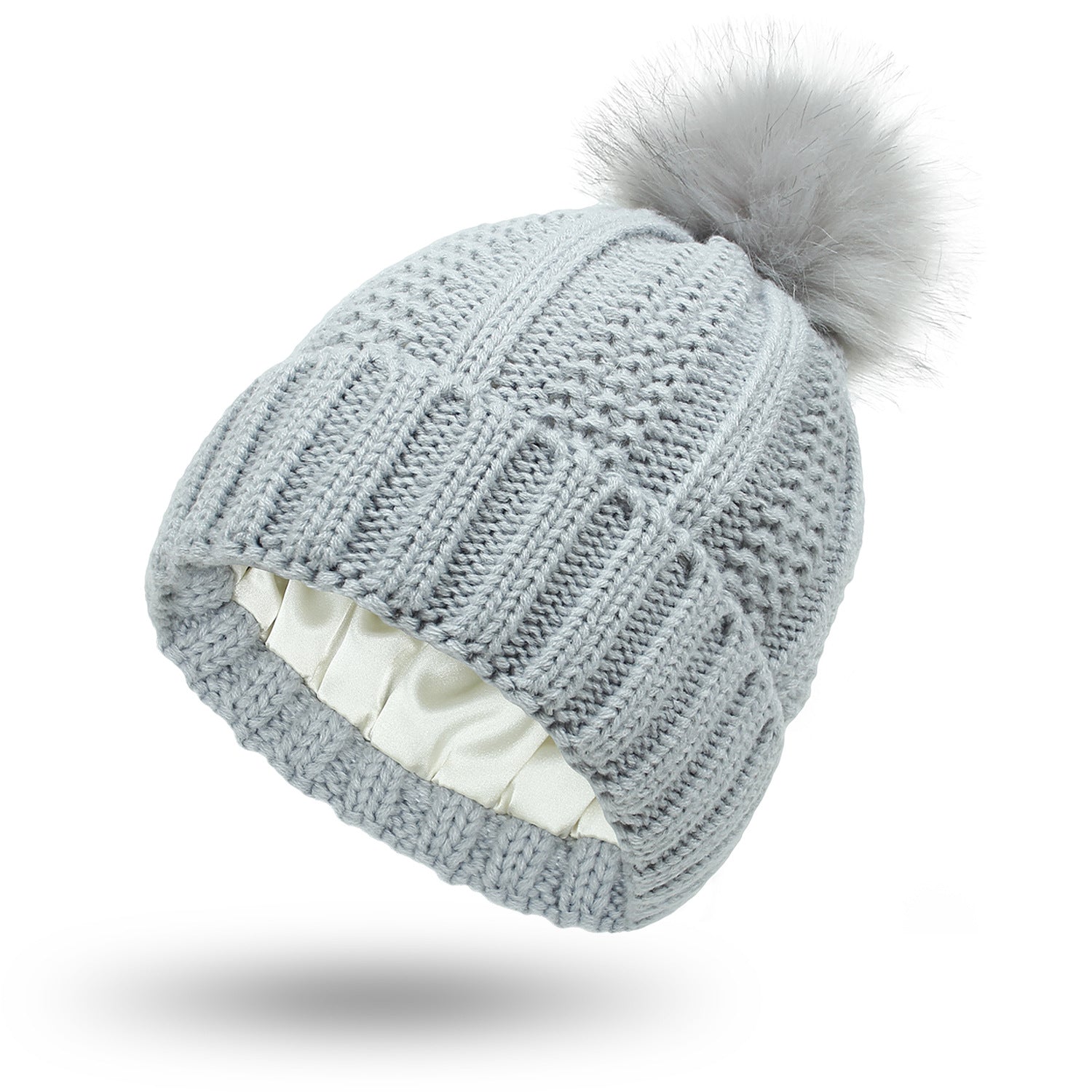 Satin-Lined Winter Beanie Hat with Faux Fur Pom Pom for Women
