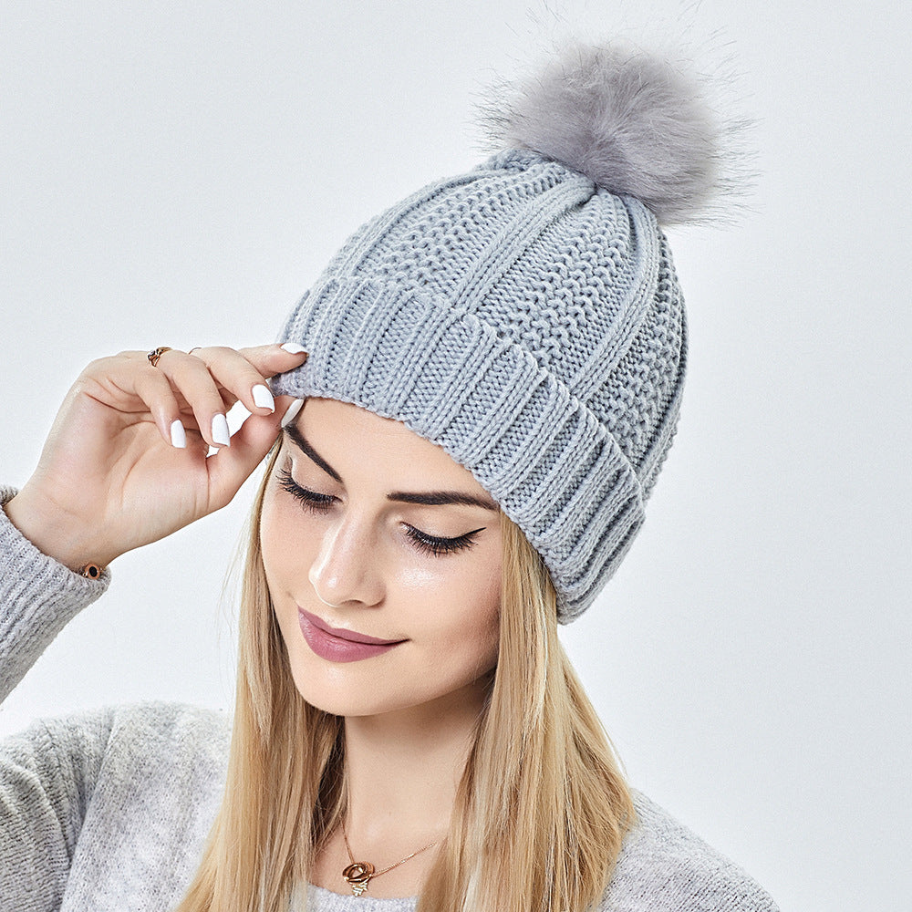 Satin-Lined Winter Beanie Hat with Faux Fur Pom Pom for Women