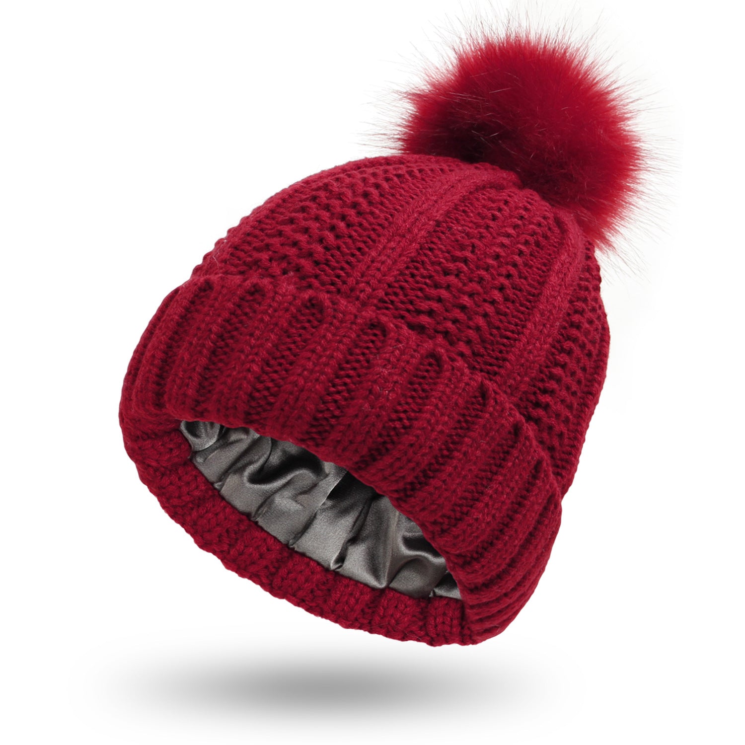 Satin-Lined Winter Beanie Hat with Faux Fur Pom Pom for Women