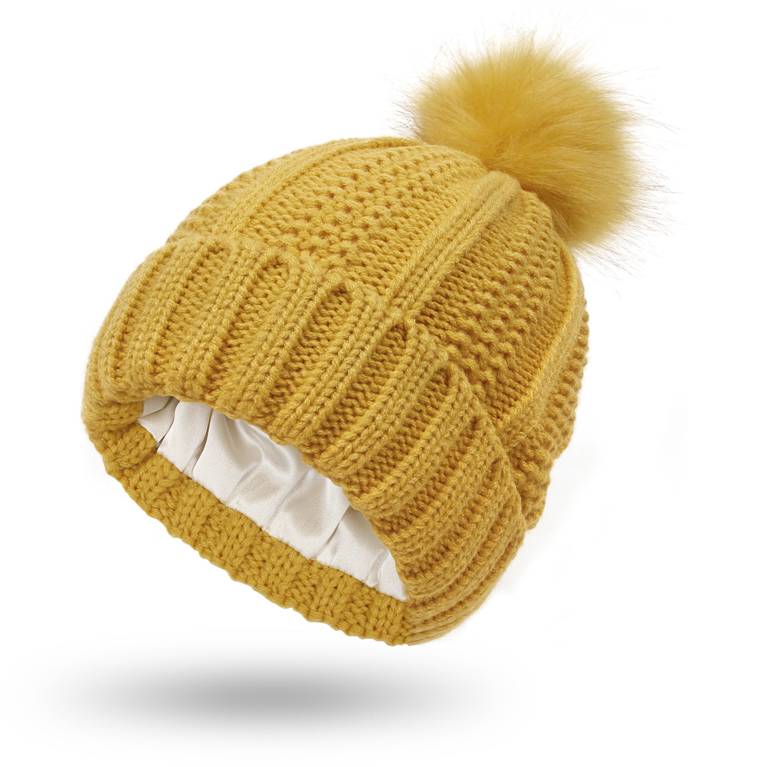 Satin-Lined Winter Beanie Hat with Faux Fur Pom Pom for Women