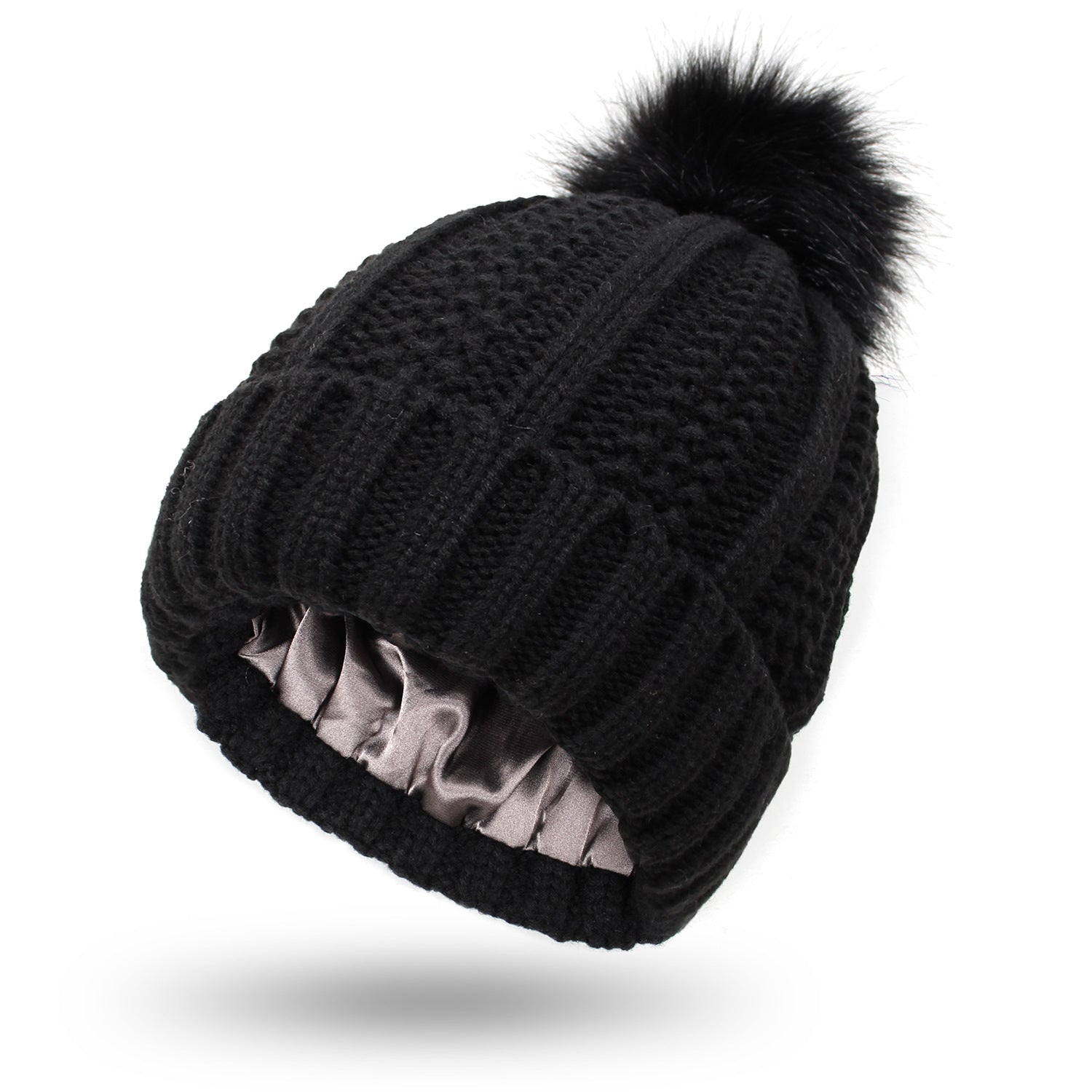 Satin-Lined Winter Beanie Hat with Faux Fur Pom Pom for Women