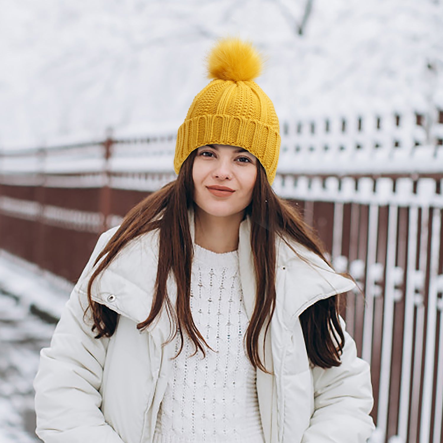 Satin-Lined Winter Beanie Hat with Faux Fur Pom Pom for Women