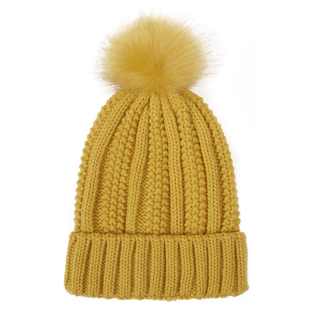 Satin-Lined Winter Beanie Hat with Faux Fur Pom Pom for Women